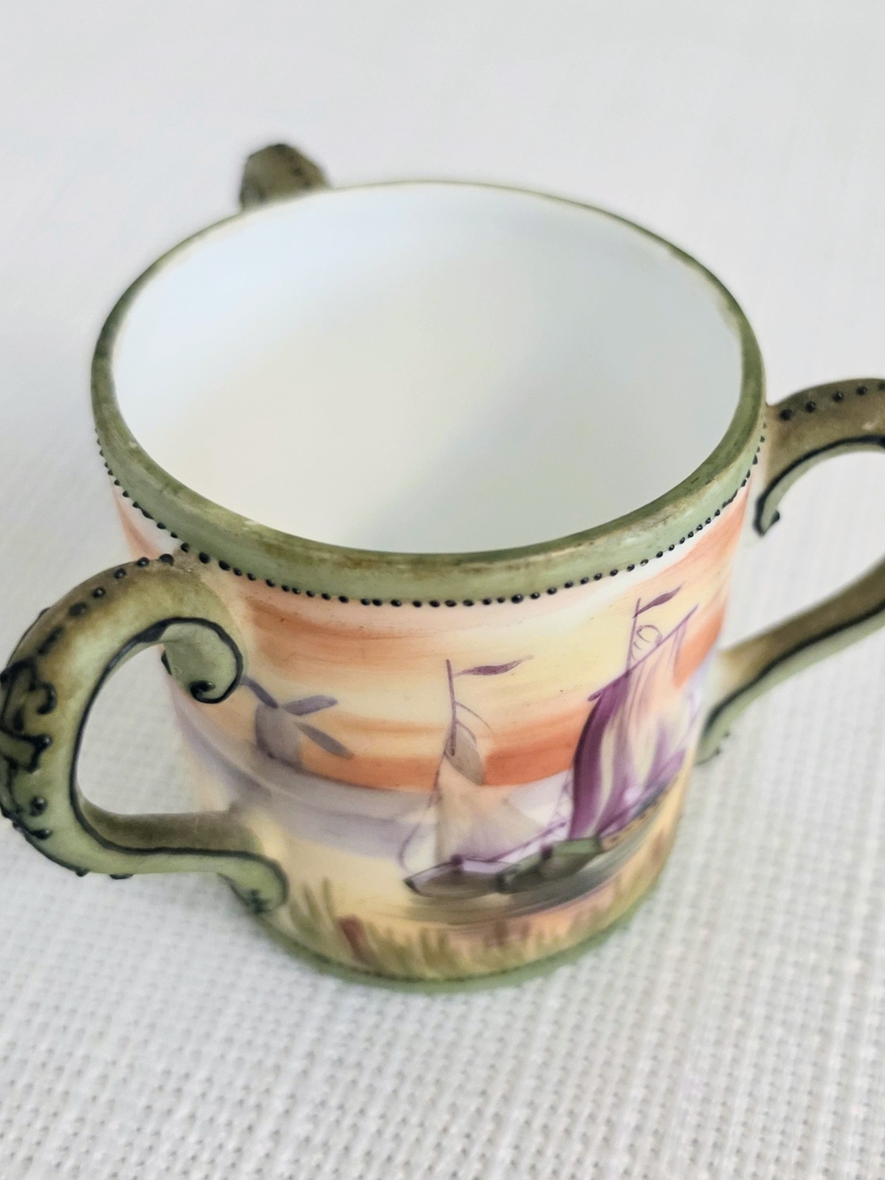 Vtg Nippon Three Handled Cup Mini Sailboat Oriental Scene Textured Handle
